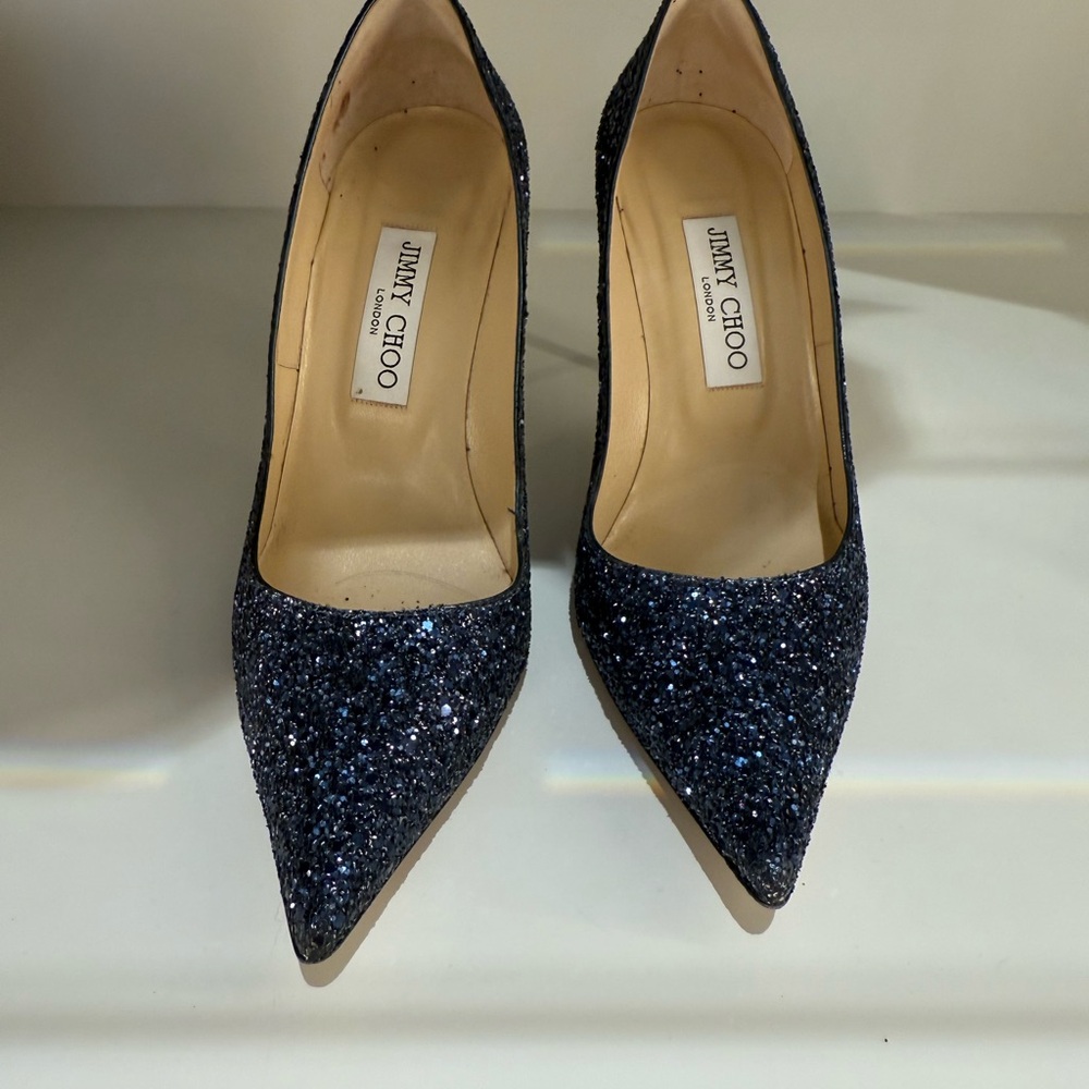 JIMMY CHOO SHOES COARSE GLITTER NAVY SIZE 37 1/2